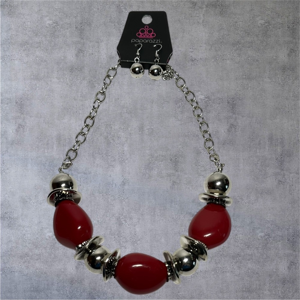 Paparazzi Red Silver Tone Statement Necklace‎ Earring Set Chunky Bead NWT